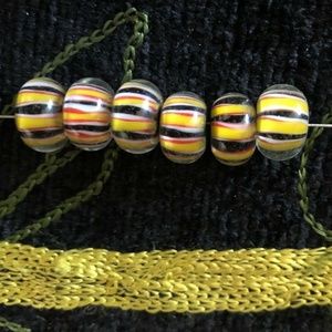 Lampwork Glass Bead Round White/black/yellow/pink stripes Set of 7